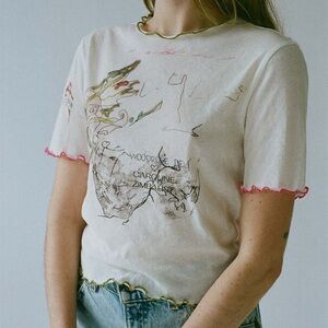 Woodrose Deli x Caroline Zimbalist Doodle Design Tshirt In White XS Y2K NWT